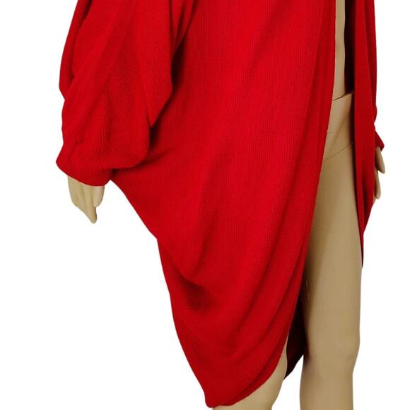 1980s Red Knit Cardigan Open Front Pleated Shoulder Round Hem Sweater One Size - Picture 6 of 9